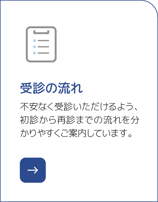 受診の流れ 不安なく受診いただけるよう、初診から再診までの流れを分かりやすくご案内しています。